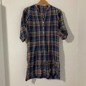 J.MCLAUGHLIN Lightweight Cotton PLAID Button Front Tunic XS Blue Green Dress